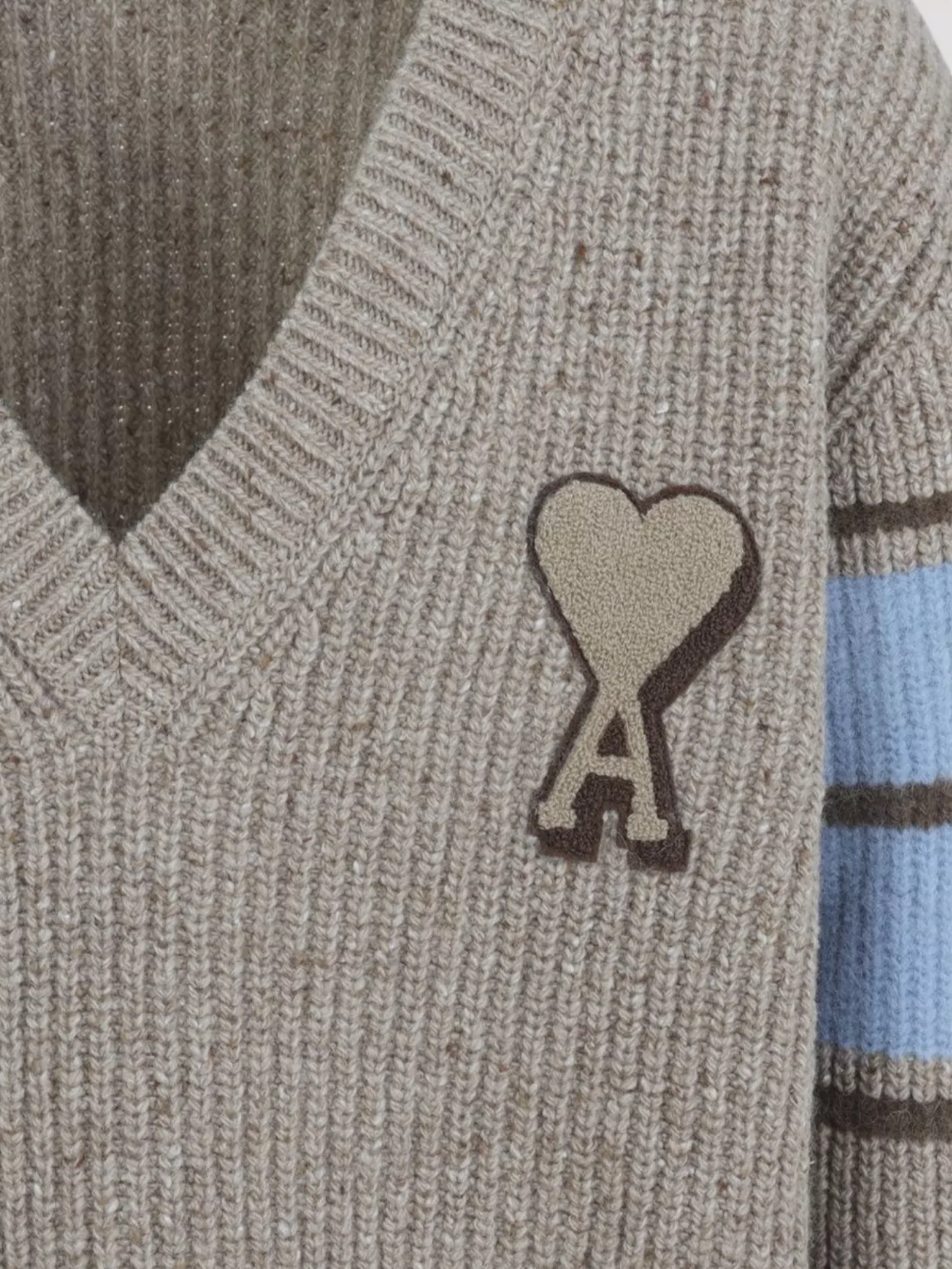 Ami Paris Striped Sleeve V-Neck Knit Sweater