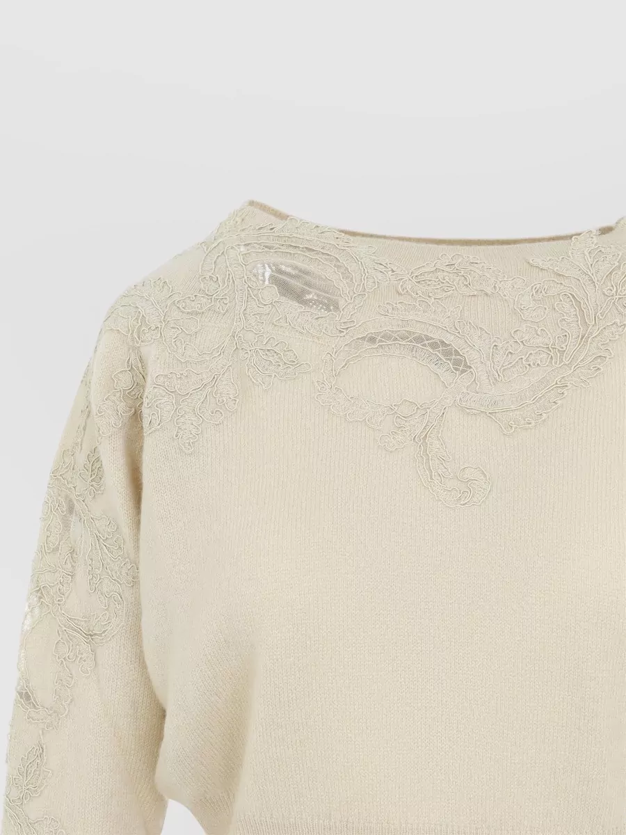 Ermanno Scervino Cashmere Fine-Knit Lace-Appliqué Boat Neck Sweater