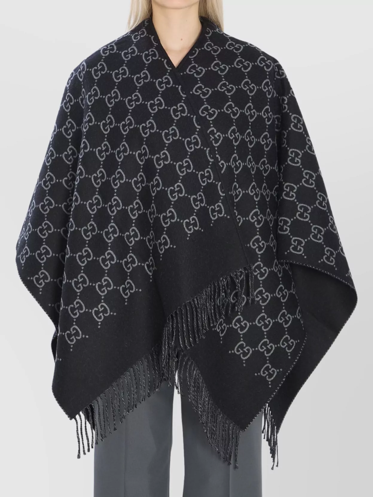 Gucci Black Cape With Fringed Hem In Gg Wool Jacquard Woman In Black