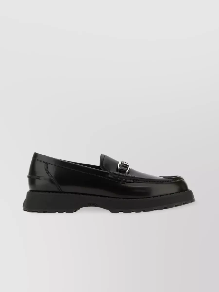 Shop Fendi Round Toe Leather Loafers With Chunky Sole In Black