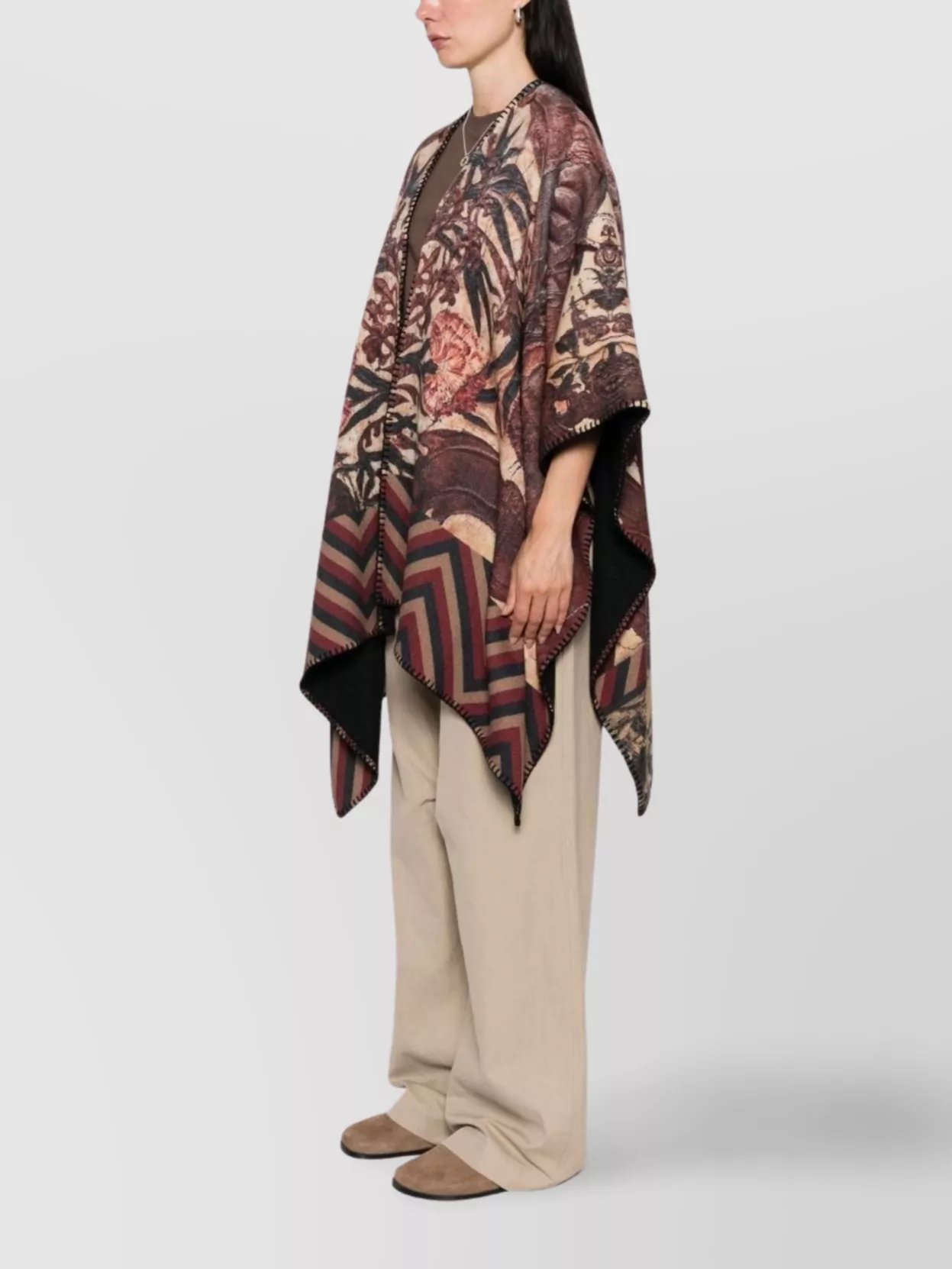 Pierre Louise Mascia Draped Floral Poncho Fringed Edges