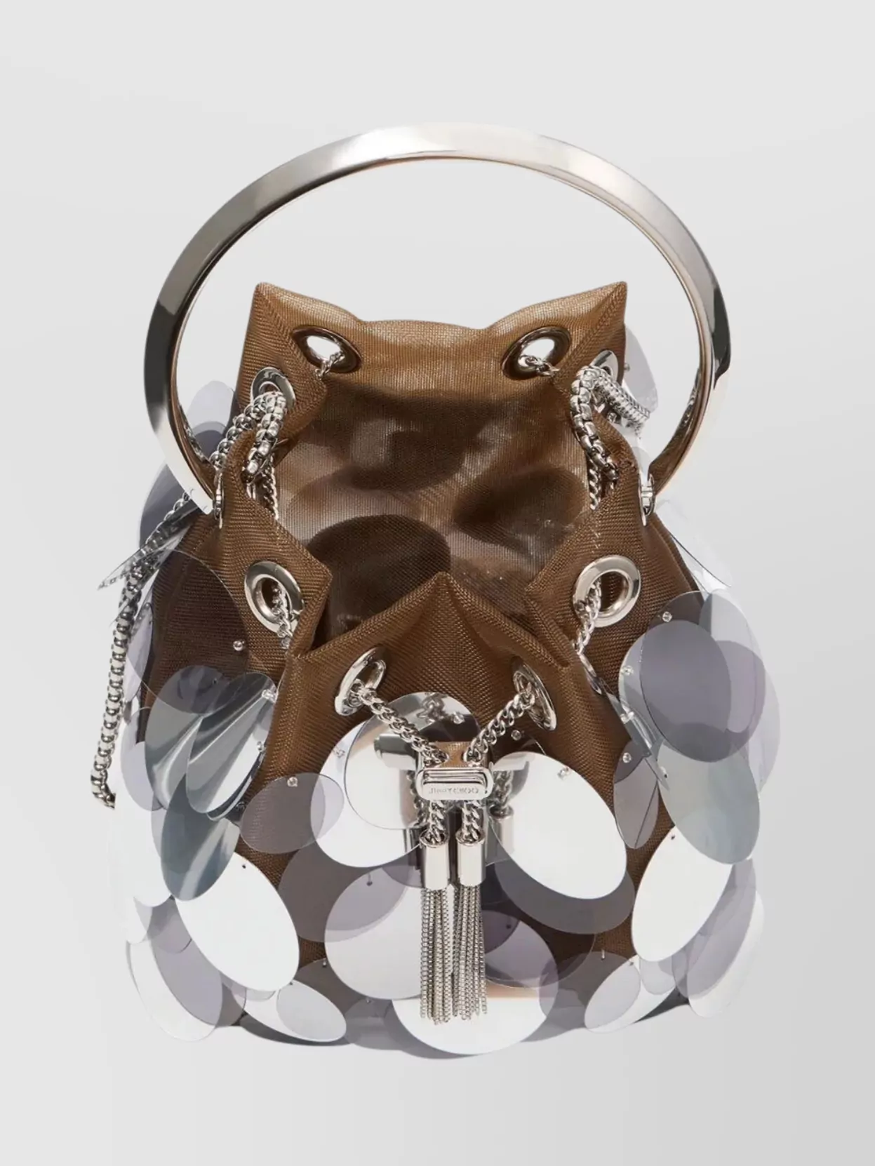 JIMMY CHOO BUCKET BAG WITH METAL HANDLE AND SEQUIN EMBELLISHMENTS 