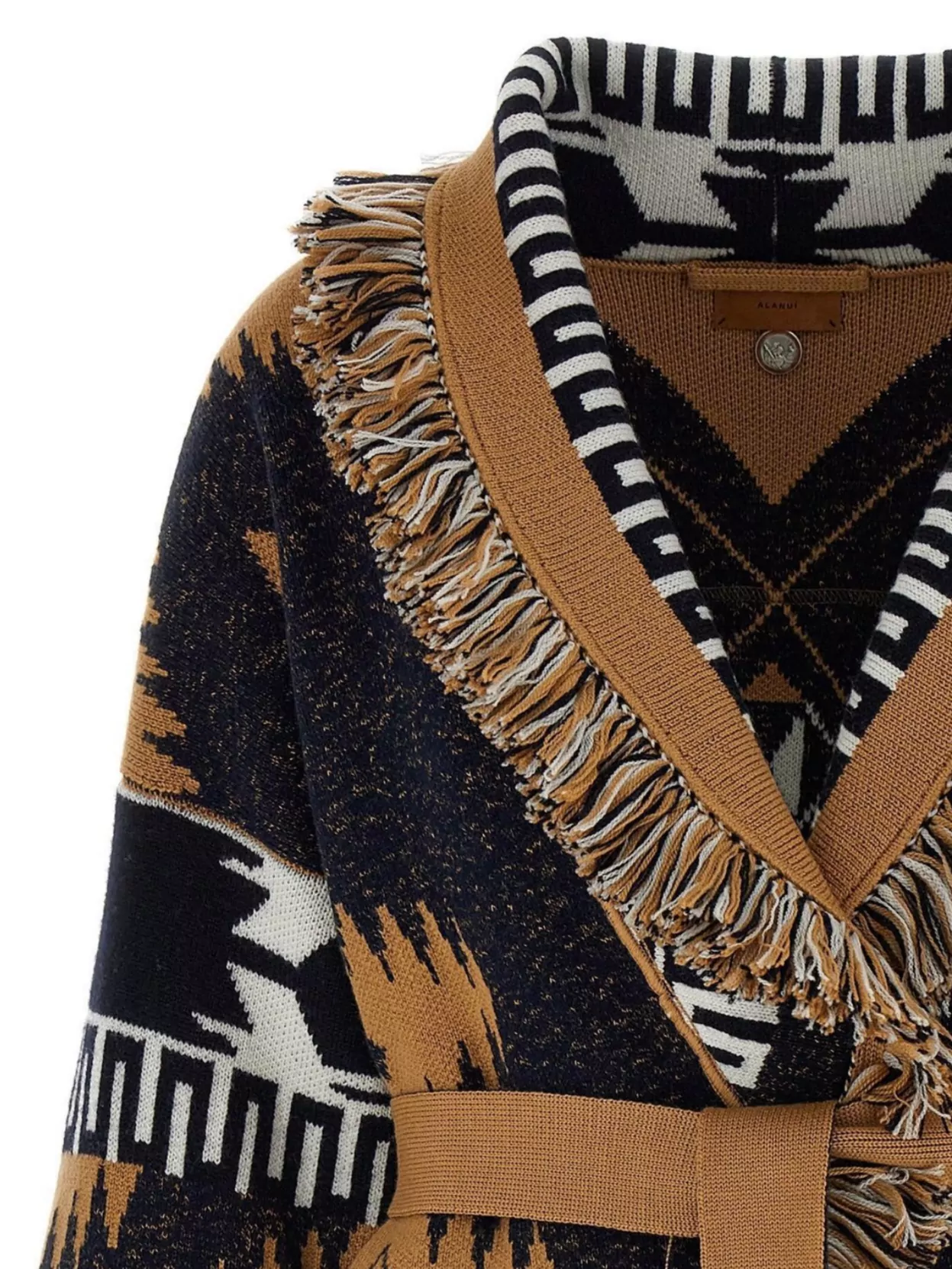 Alanui Waist Belt Fringe Geometric Pattern Long Sleeves Cardigan