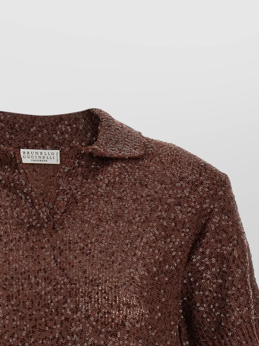Brunello Cucinelli Linen Cashmere Silk Sequined Cropped Short-Sleeve Polo Top
