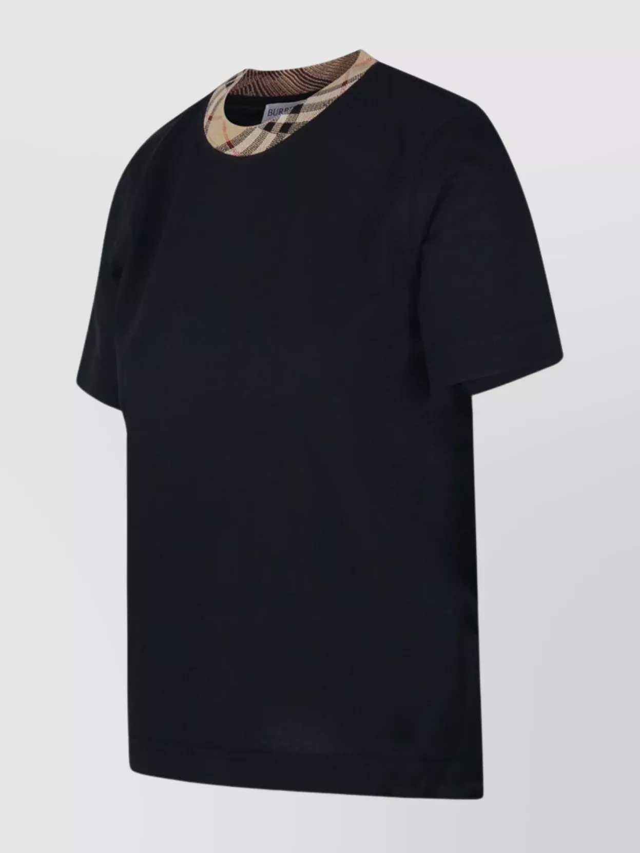 Burberry Black Crewneck T-shirt With Ckeck Motif On The Collar In Cotton Woman In Black
