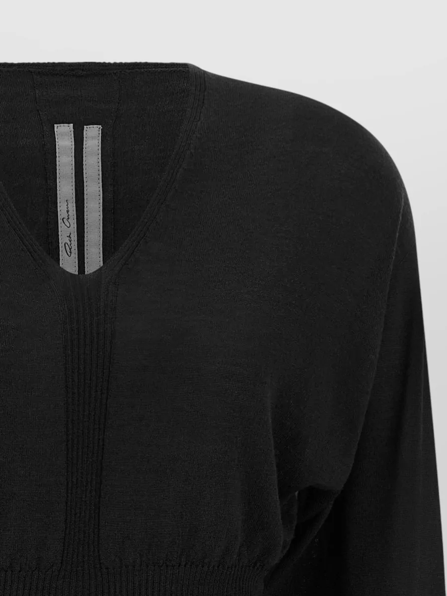 Rick Owens Virgin Wool Ribbed V-Neck Cropped Long-Sleeve Knitted Top