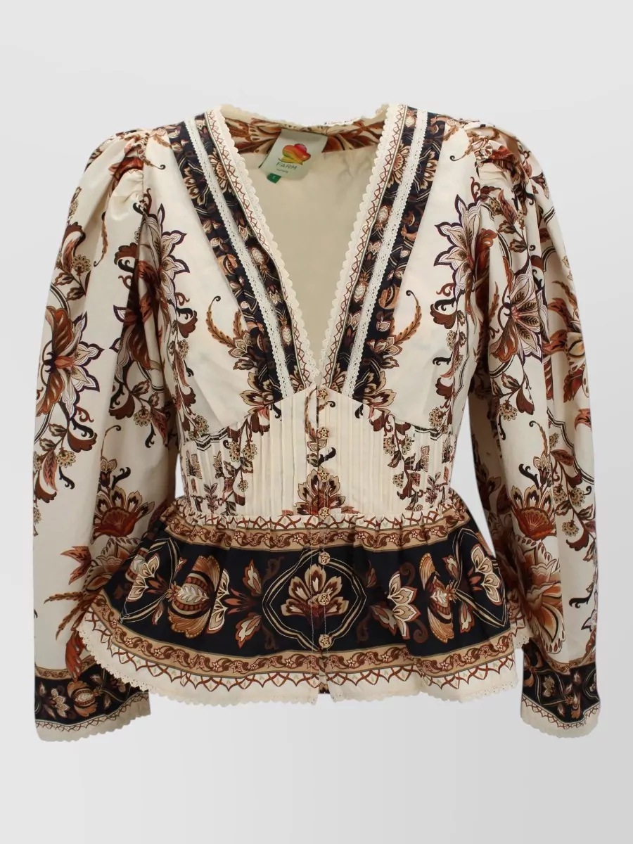 Farm Rio floral lace-trim v-neck blouse