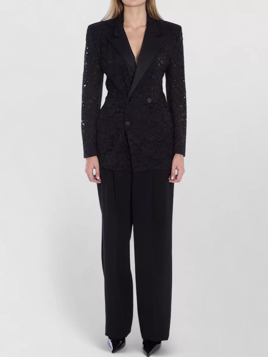 Saint Laurent Guipure Lace Tuxedo Jacket Structured Shoulders In Black