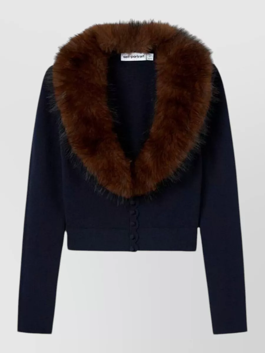 Self-Portrait cashmere-blend faux fur trim cropped cardigan