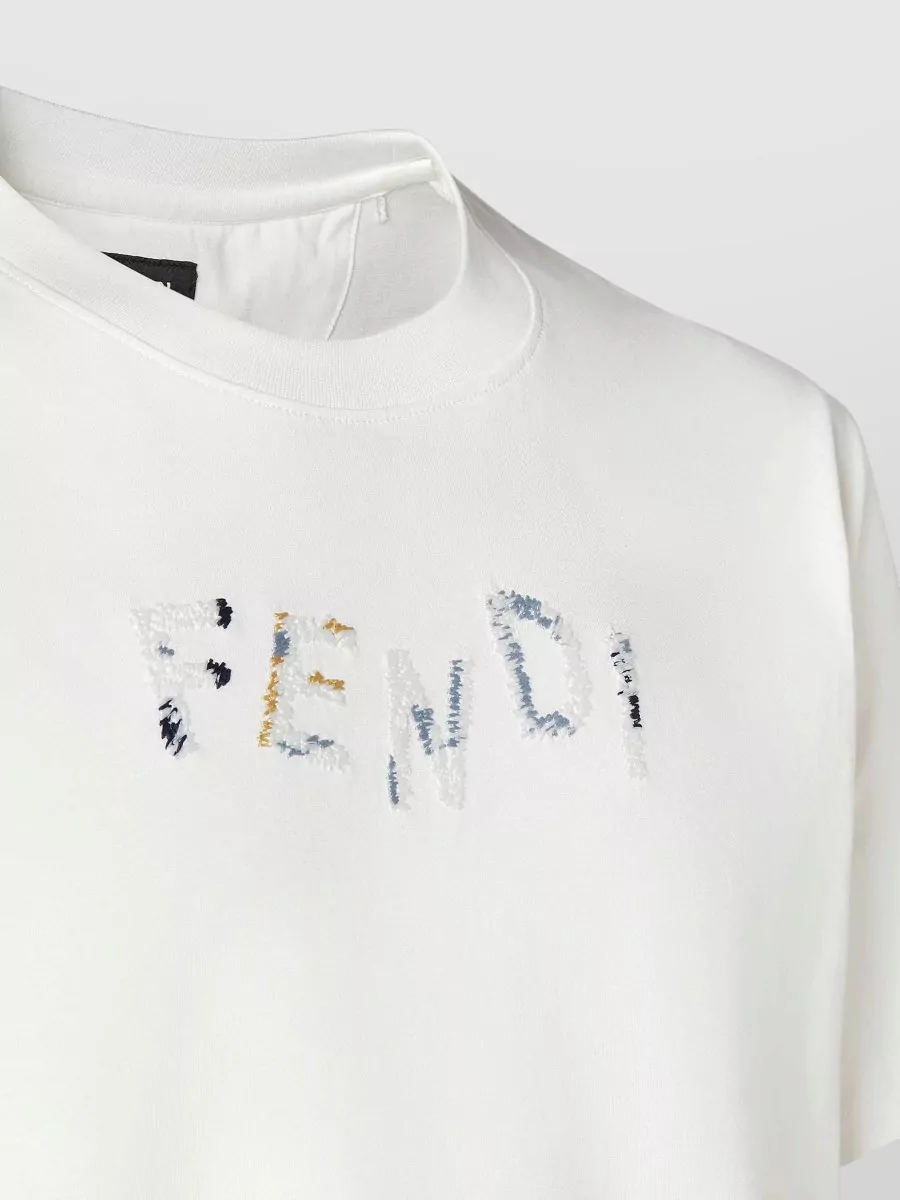 Fendi Logo Embroidery Cotton Crew Neck Short Sleeve T-Shirt