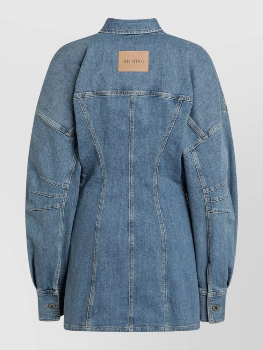 Attico Denim Mini Dress Front Pockets Long Sleeves In Blue