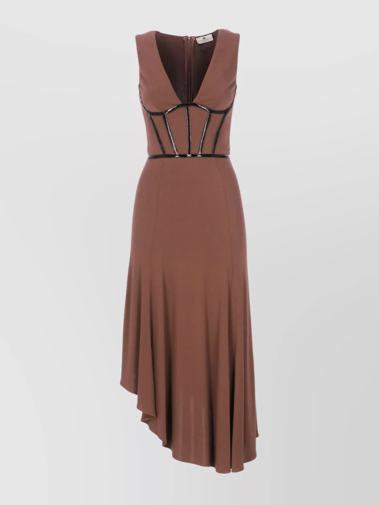 Elisabetta Franchi Midi Dress With Asymmetrical Hem And Corset In Brown