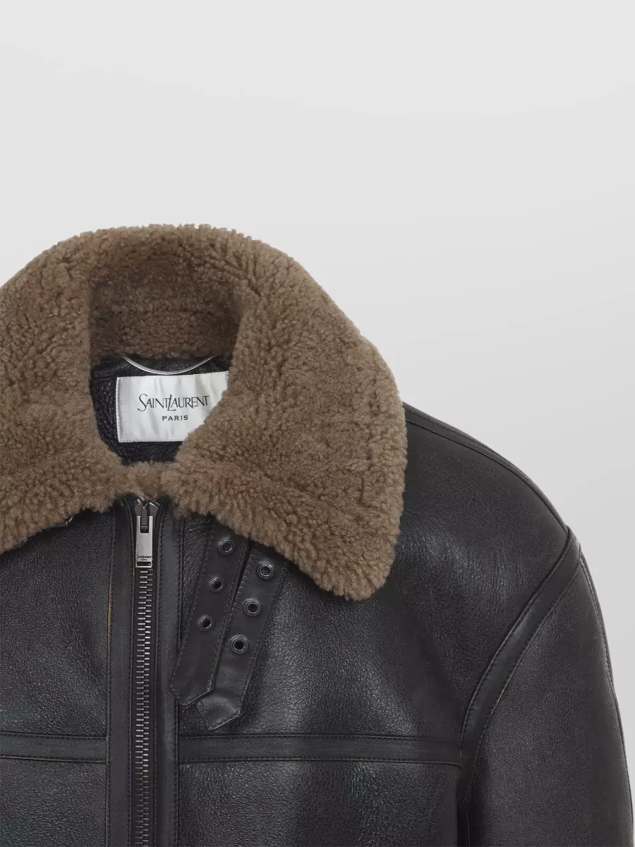 Saint Laurent Shearling Collar Leather Biker Jacket