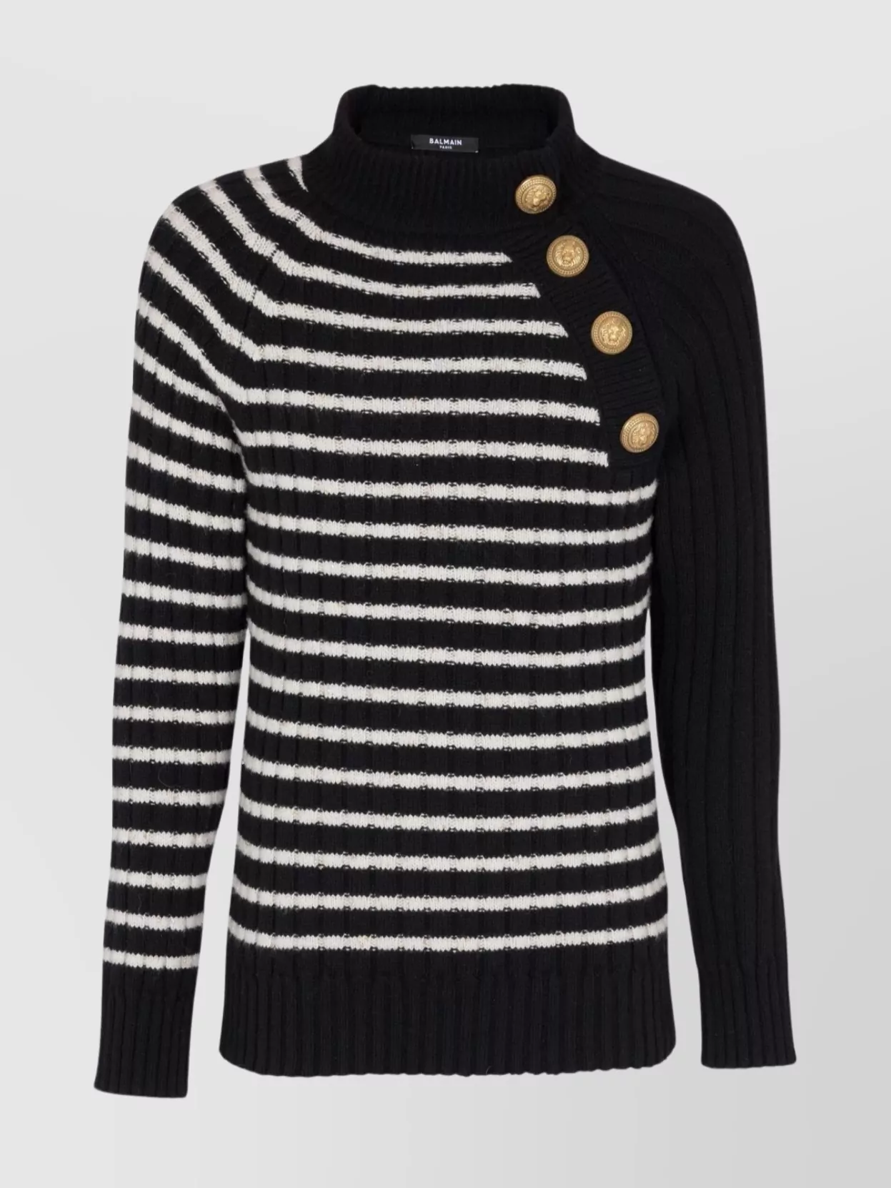 Shop Balmain Striped Embossed Button Sweater In Black