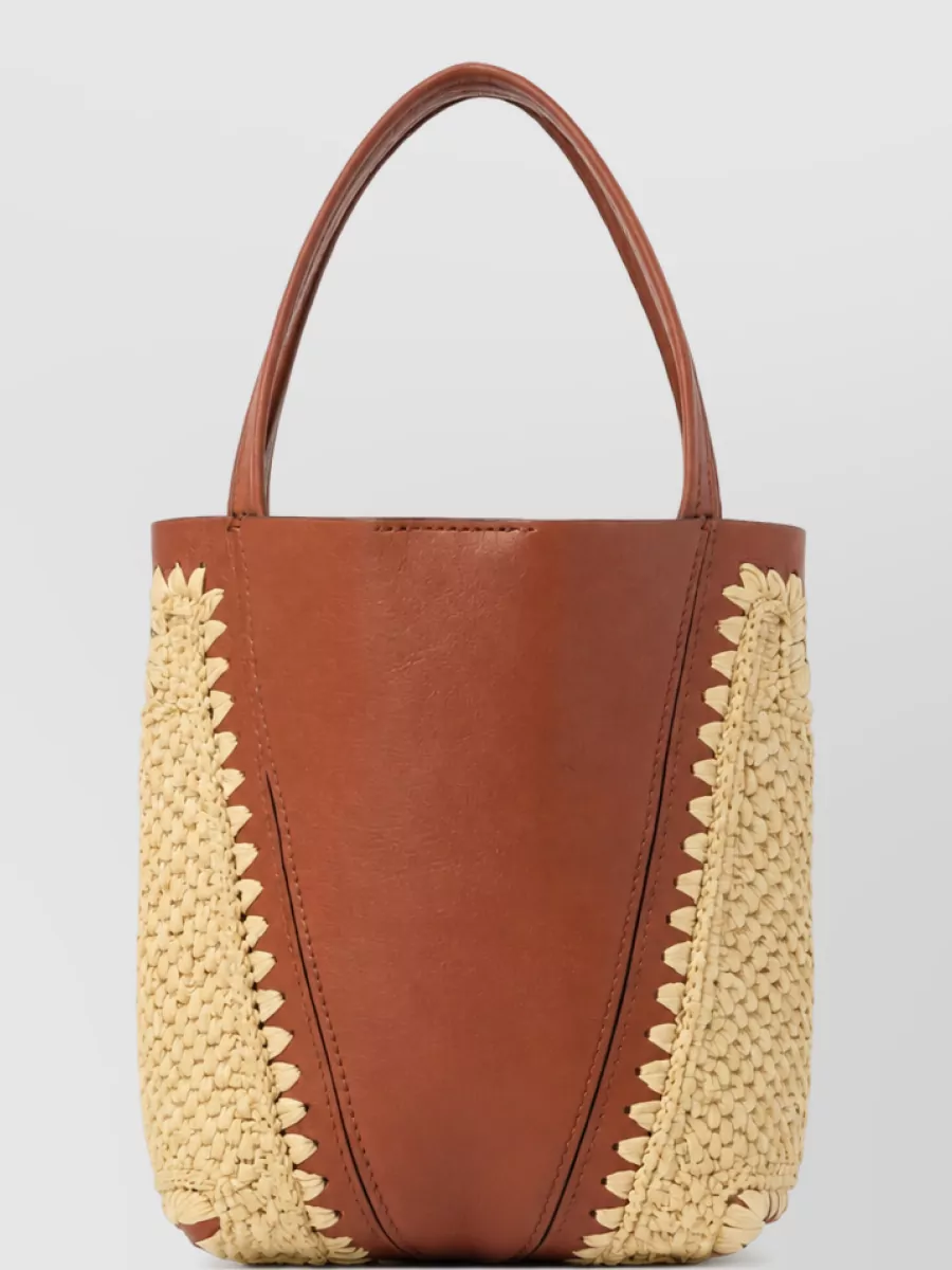 Chloé chloé spin small raffia and leather woven panels charm detail bucket bag