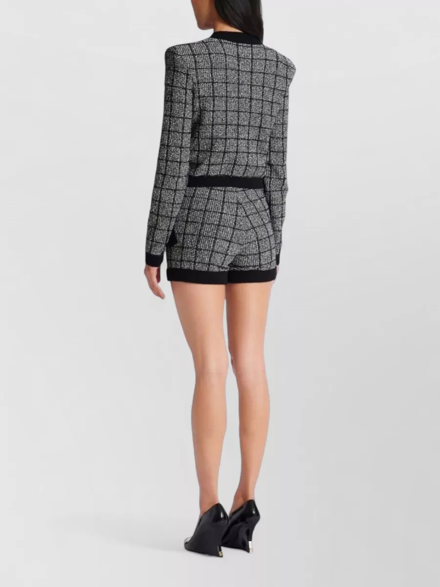 Balmain Cropped Tweed Check Cardigan Gold Buttons