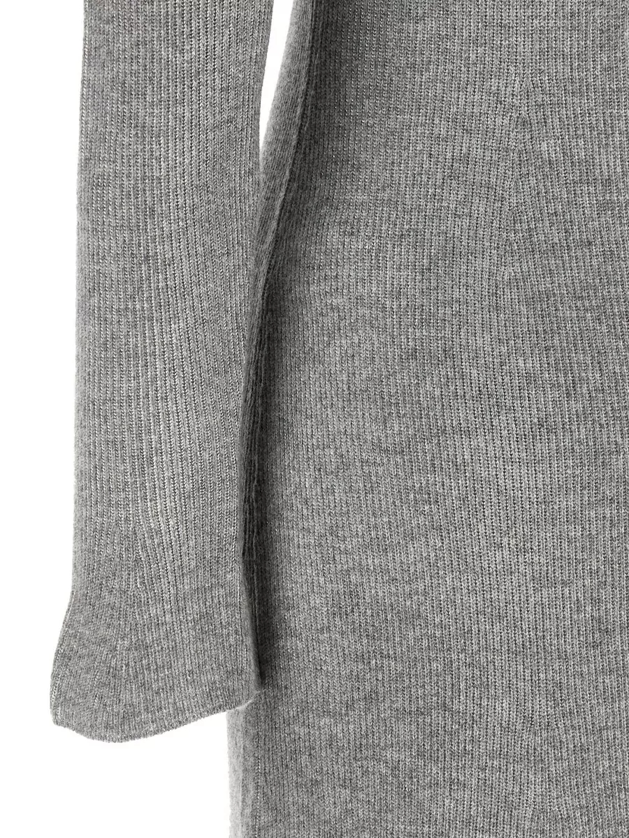 Fabiana Filippi Cashmere silk ribbed long-sleeve mock-neck midi knitted dress — The heather-grey ribbed midi dress creates a clean, column silhouette that mirrors the outerwear’s grey sparkle and formality, avoiding bulky layering beneath the sleeveless cardi-coat.