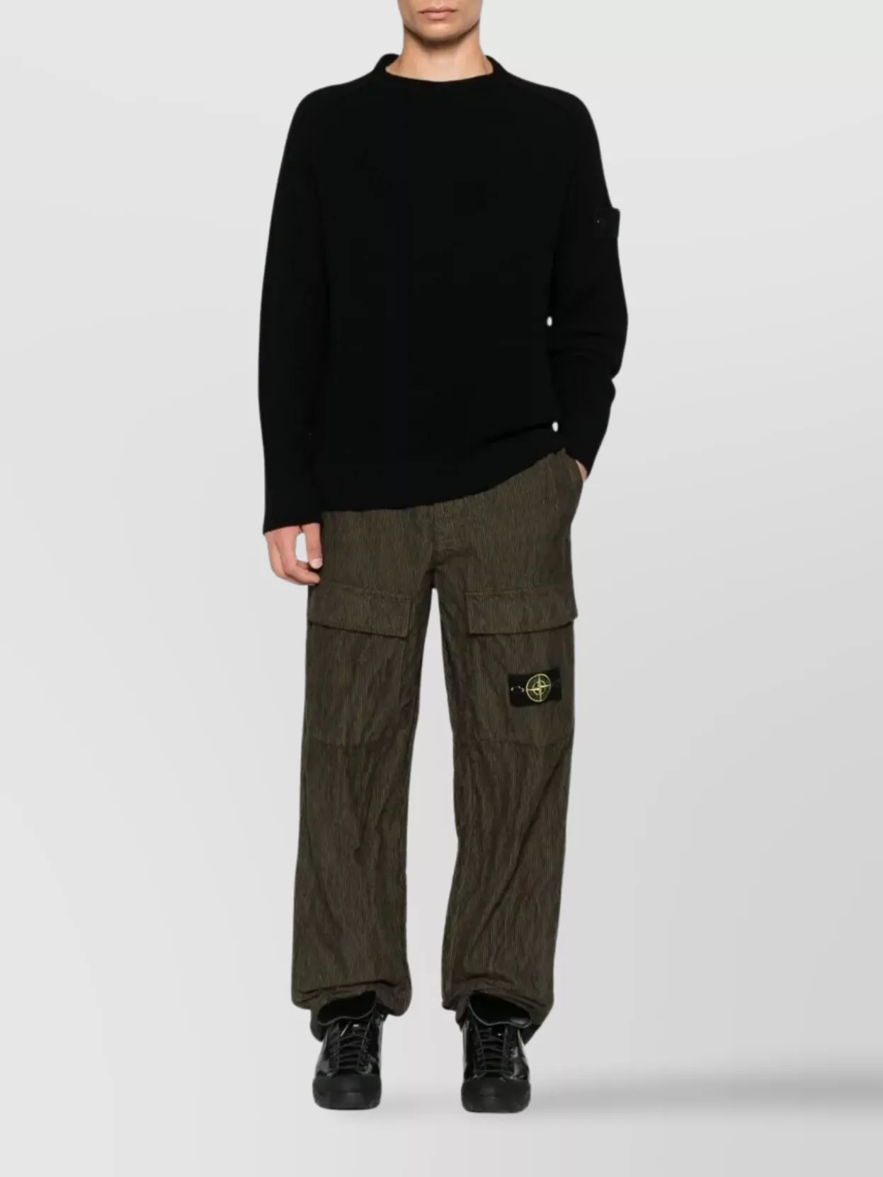 Stone Island Stretch Wool Crewneck Sweater With Reverse Stitch Details In Black