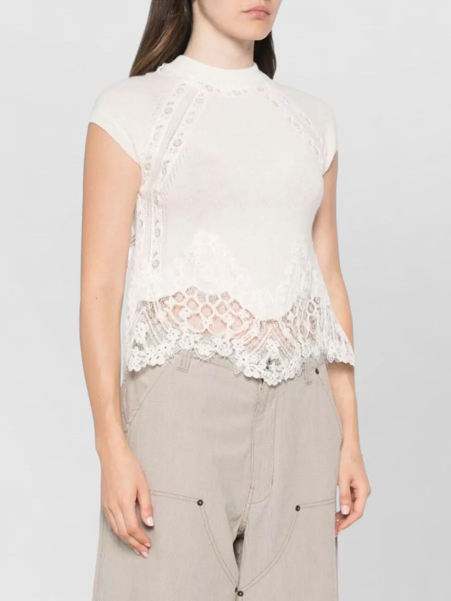 Ermanno Scervino Cashmere Lace-Trim High-Neck Short-Sleeve Knitted Top