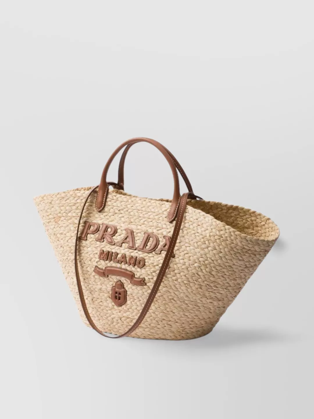 Prada Large Woven Raffia Tote Bag With Leather Trim