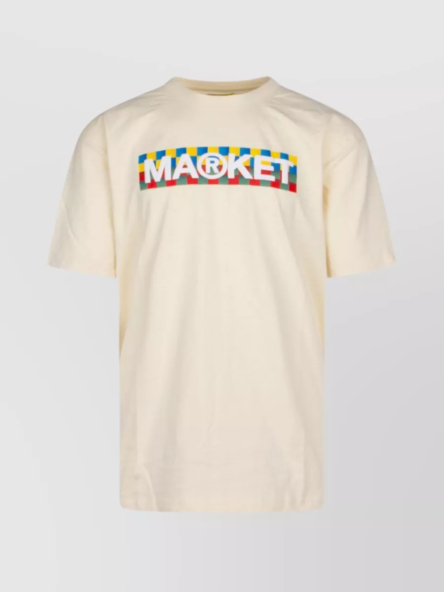 Shop Market Checkered Bar Graphic Print Crew Neck T-shirt In Beige