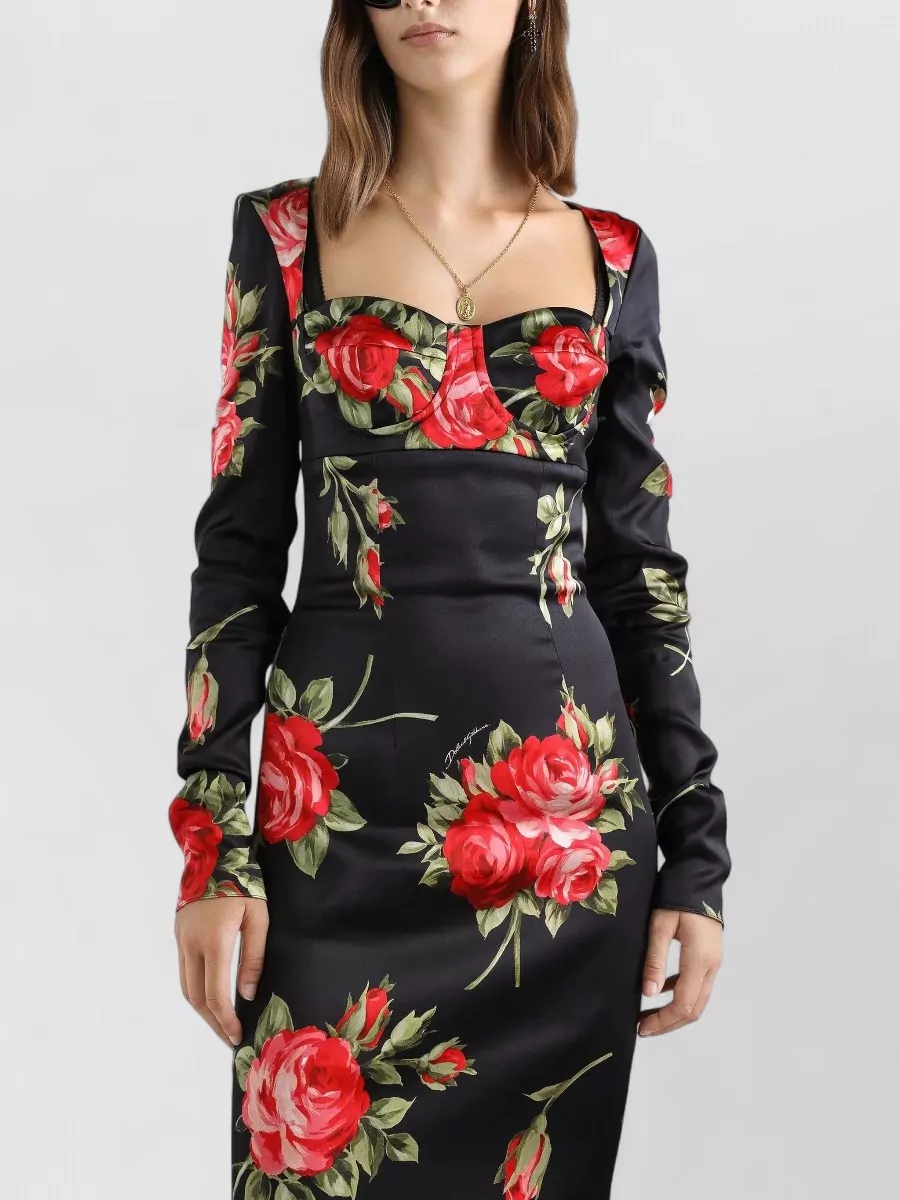 Dolce&Gabbana Floral-Print Long-Sleeve Midi Dress