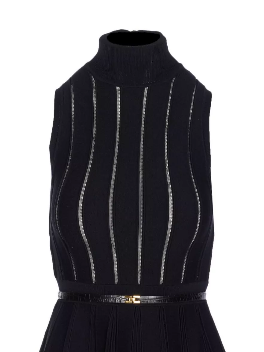 Elisabetta Franchi Knitted Dress With Belt And Stripes In Black