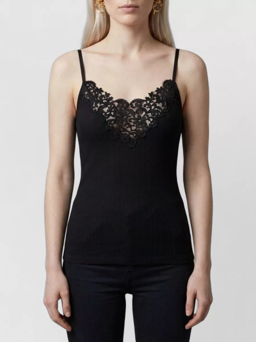 Saint Laurent silk ribbed lace-trim v-neck tank top