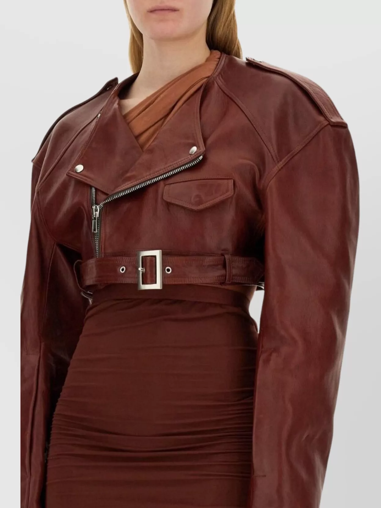 Rick Owens Waist Belted Cropped Leather Jacket