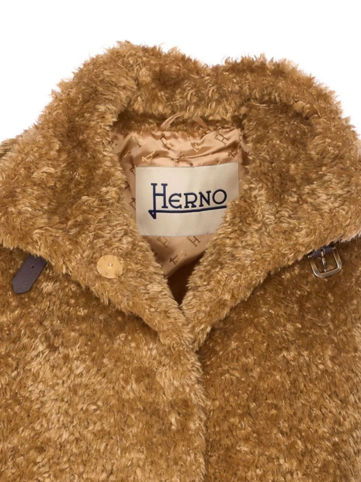 Herno Faux Fur Coat With Leather Belt In Brown