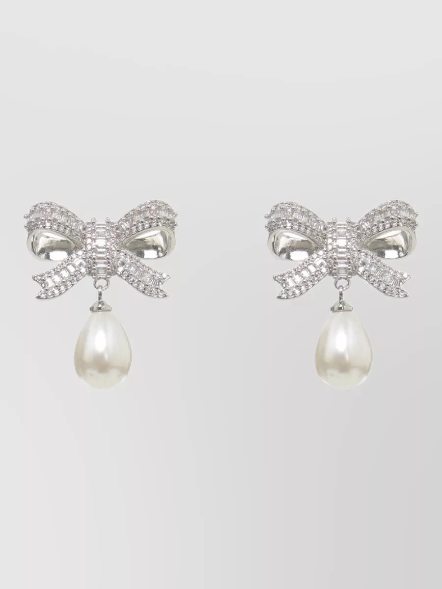 Self-Portrait crystal bow pearl drop earrings