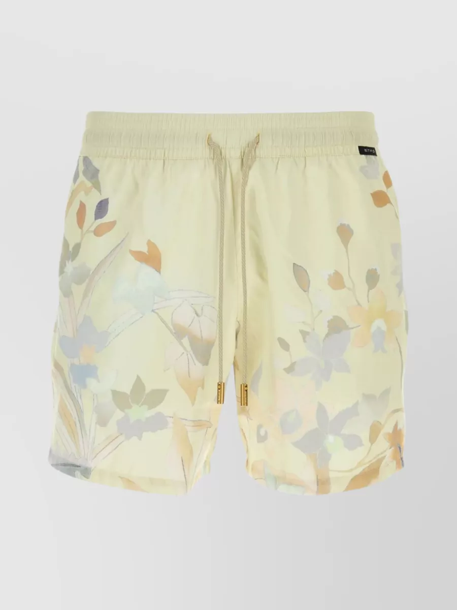 Shop Etro Floral Print Satin Swim Shorts In Beige