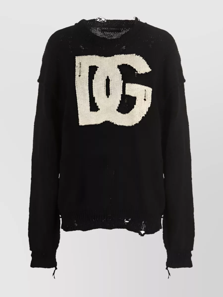 Shop Dolce & Gabbana Ripped Logo Knit Sweater In Black