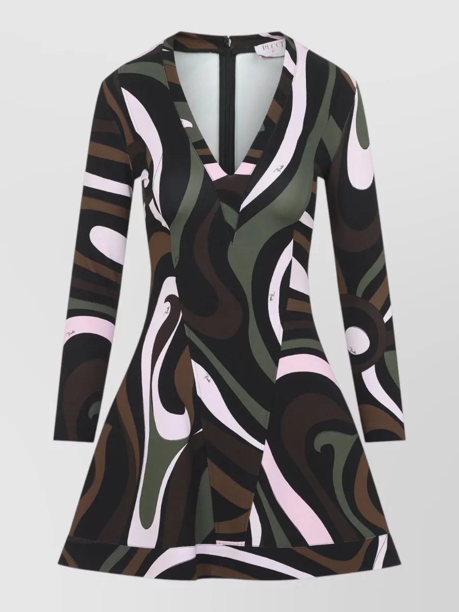 Pucci Printed V-Neck Long-Sleeve Mini Dress