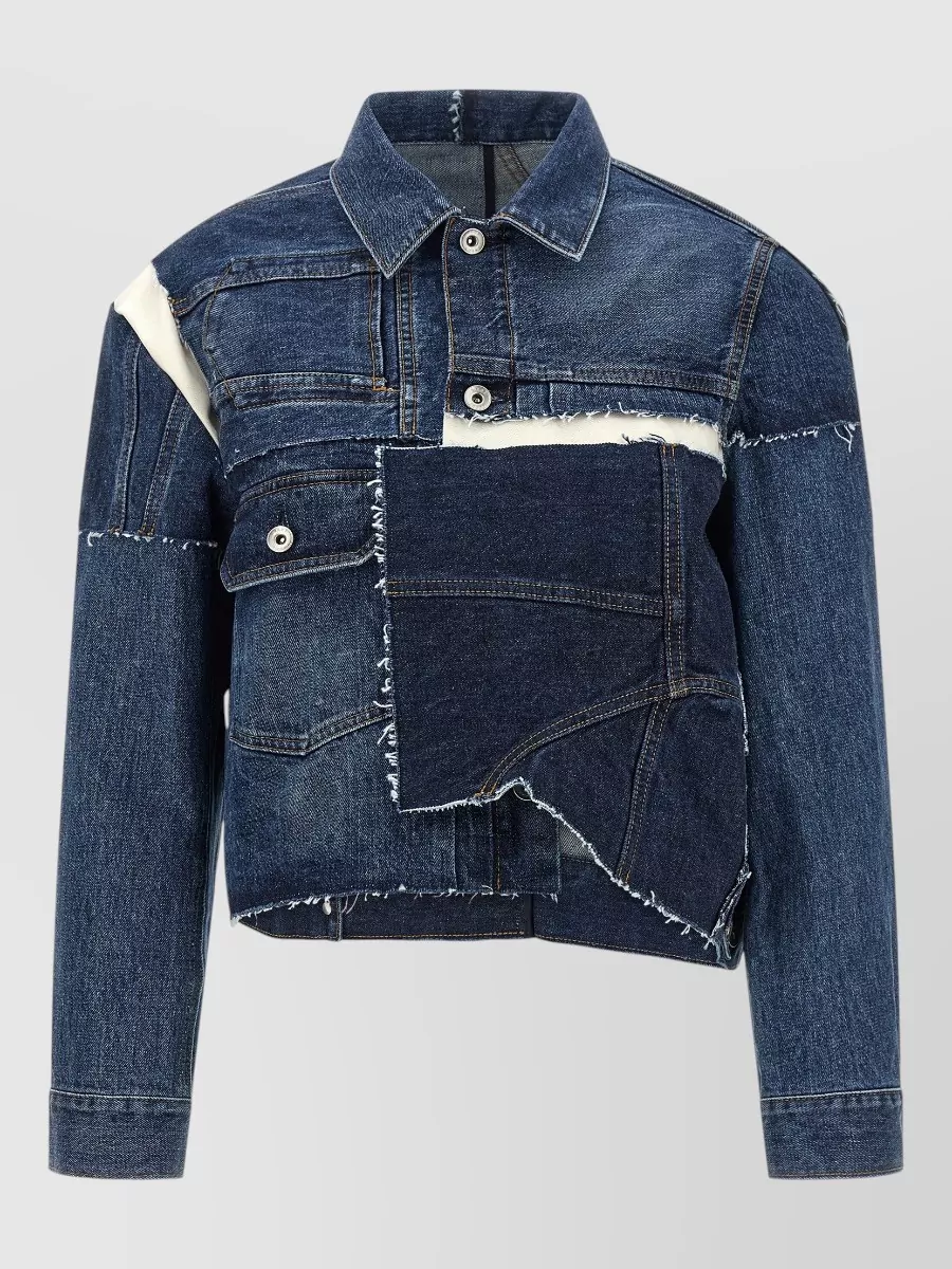 Sacai patchwork cropped flared denim jacket
