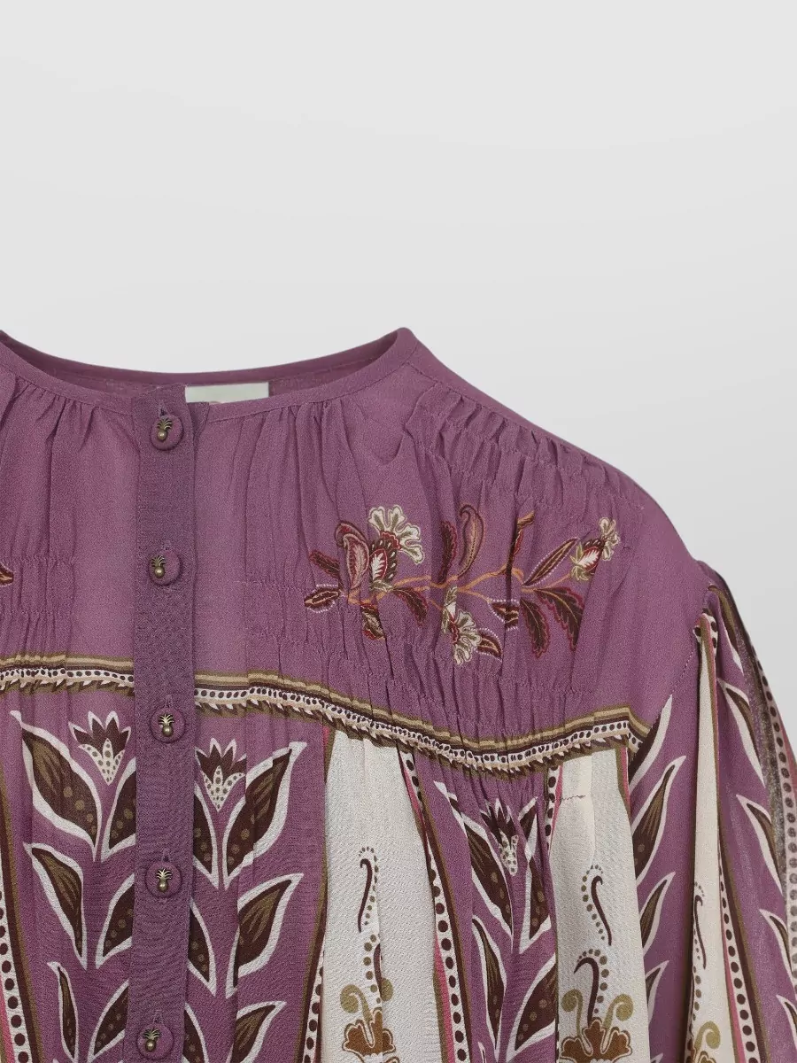 Farm Rio Floral-Print Gathered Long-Sleeve Blouse