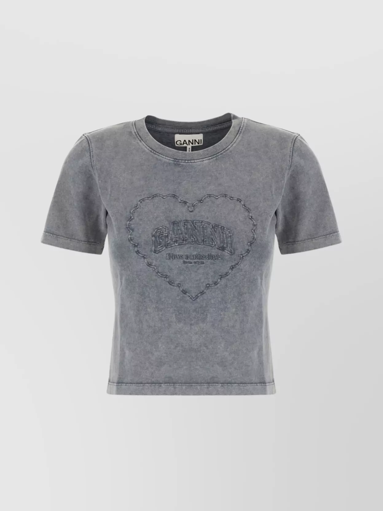 Ganni Cotton T-shirt Featuring Heart Embroidery In Gray