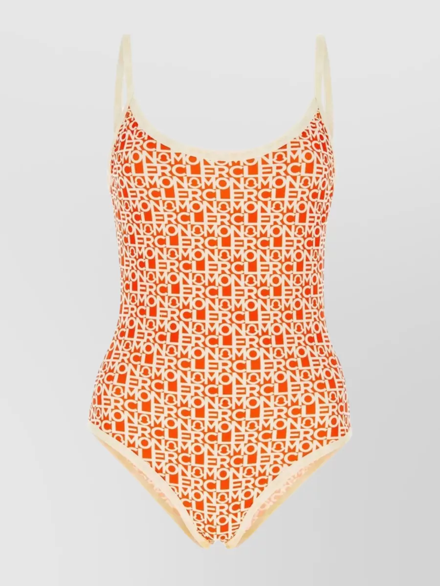 Shop Moncler Printed Stretch Swimsuit In Nylon In Orange