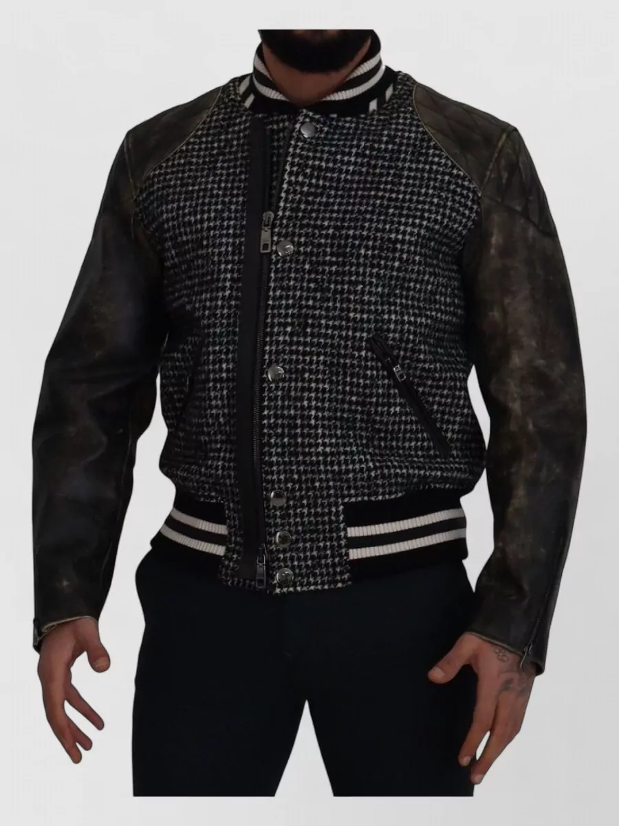Dolce&Gabbana Leather Houndstooth Bomber Jacket
