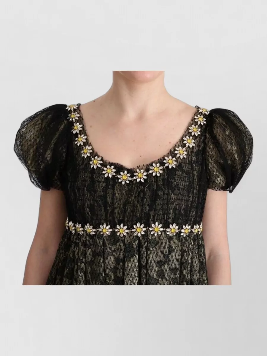 Dolce&Gabbana Crystal Lace V-Neck Puff-Sleeve Maxi Dress