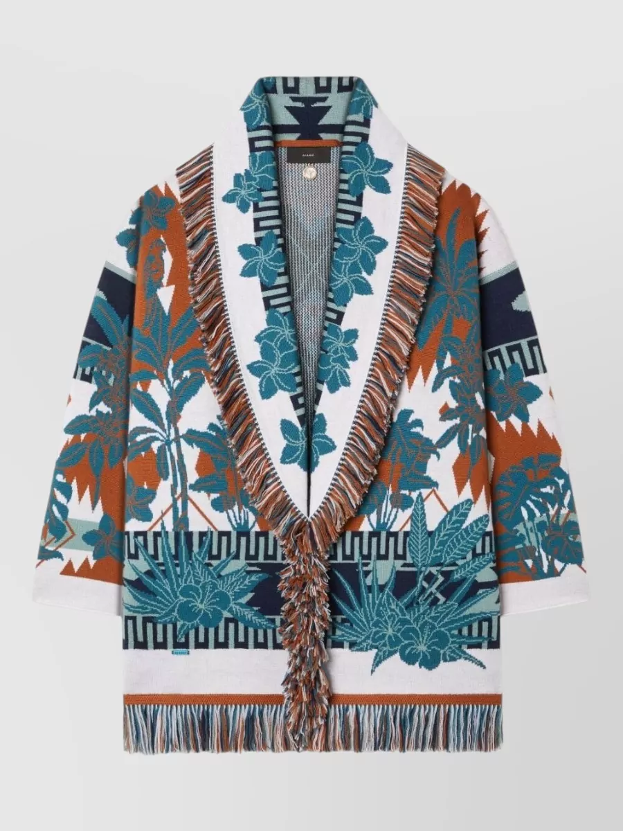 Alanui Long Floral Cardigan With Fringe Shawl Collar In Multi