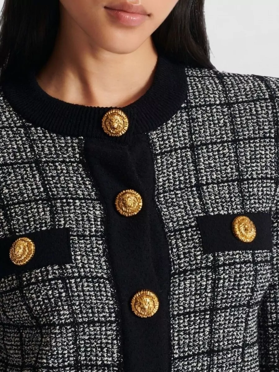 Balmain Cropped Tweed Check Cardigan Gold Buttons