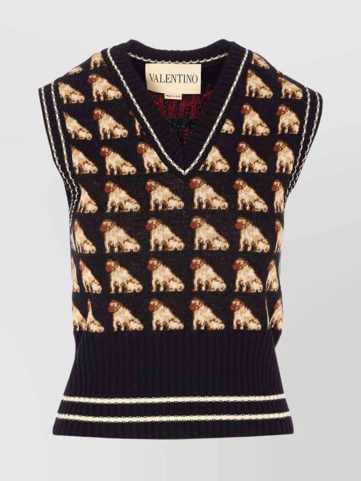 Valentino Knit Vest With Dog Pattern And Trim In Multi
