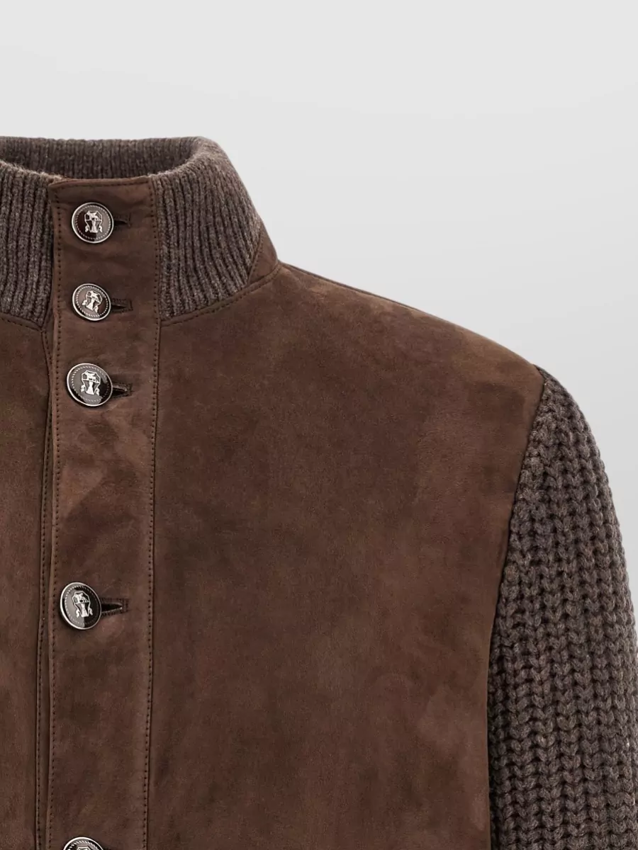 Brunello Cucinelli Suede Panel Ribbed Knit Jacket