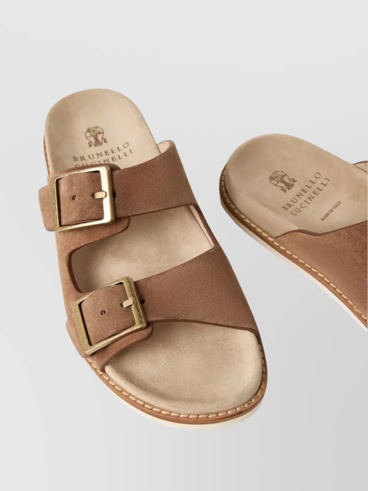 Brunello Cucinelli Men's Beige Suede Leather Sandals With Decorative Buckle Detail In Brown