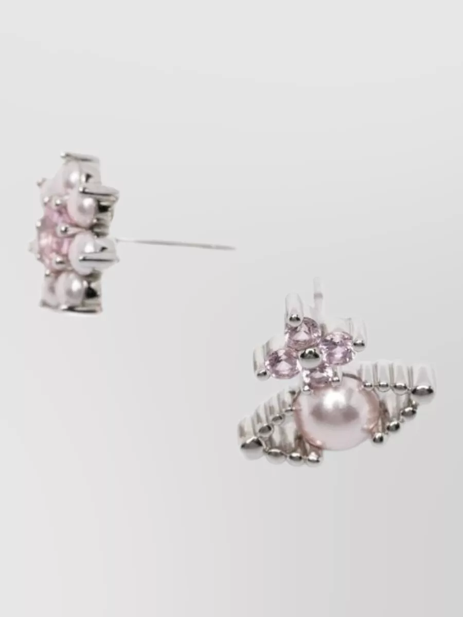 Vivienne Westwood Floral Pearl Gemstone Stud Silver Tone Earrings