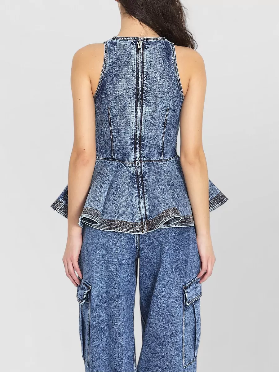 Alaïa Denim Peplum Top Crew Neck Sleeveless