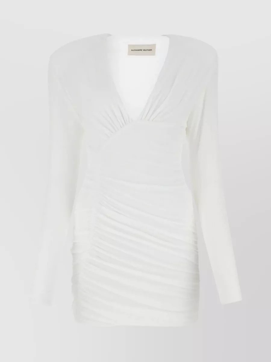 Shop Alexandre Vauthier Viscose Blend Draped Mini Dress With Long Sleeves In White
