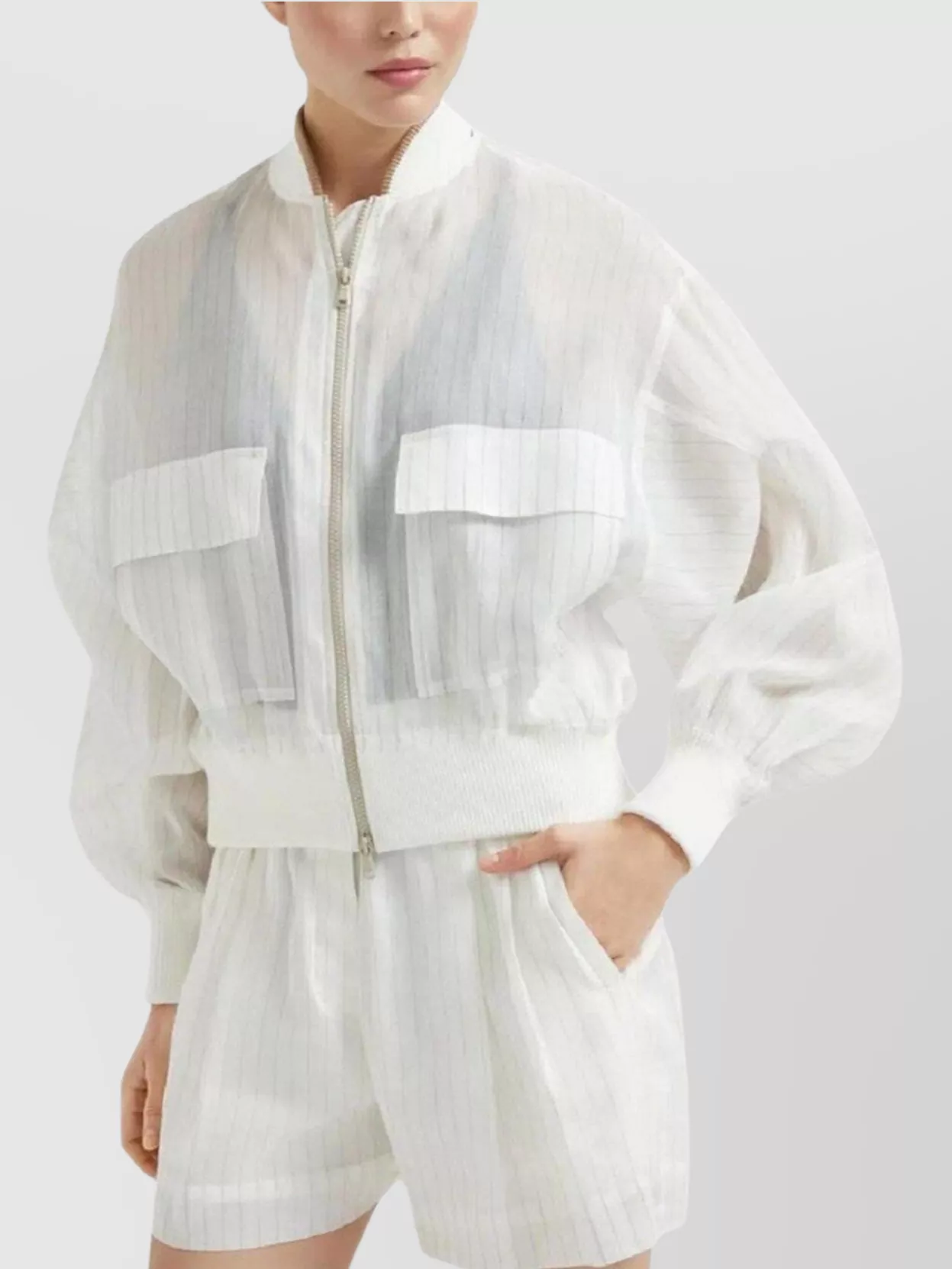 Brunello Cucinelli Striped Bomber Jacket Chain Detail In White