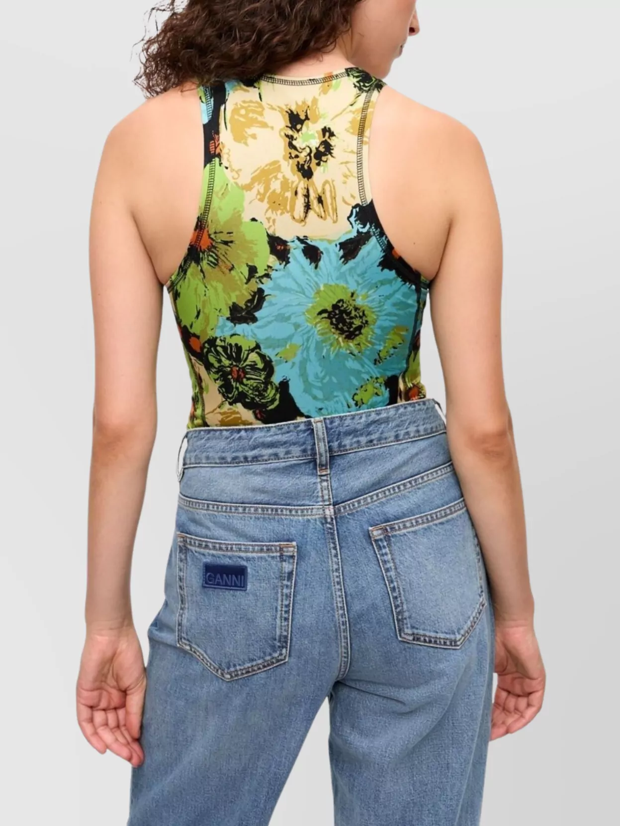 Ganni Floral Racerback Bodysuit In Stretch Fabric